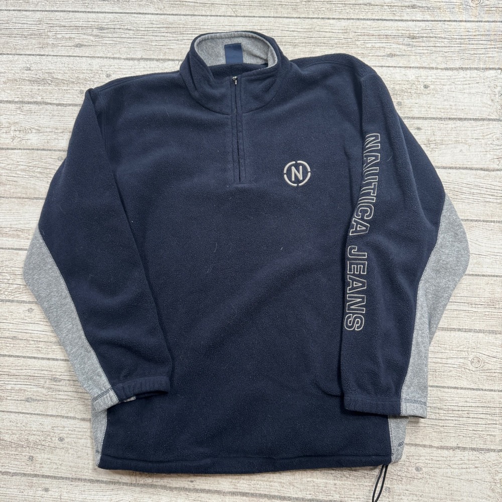 Nautica Sweater Men's Large Navy Blue Gray Quarter Zip Fleece Pullover Outdoor